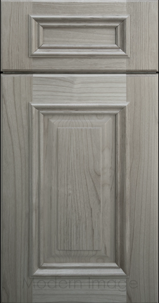 Oyster stained Hamilton cabinet door with a double raised panel and mitered elevated molding.